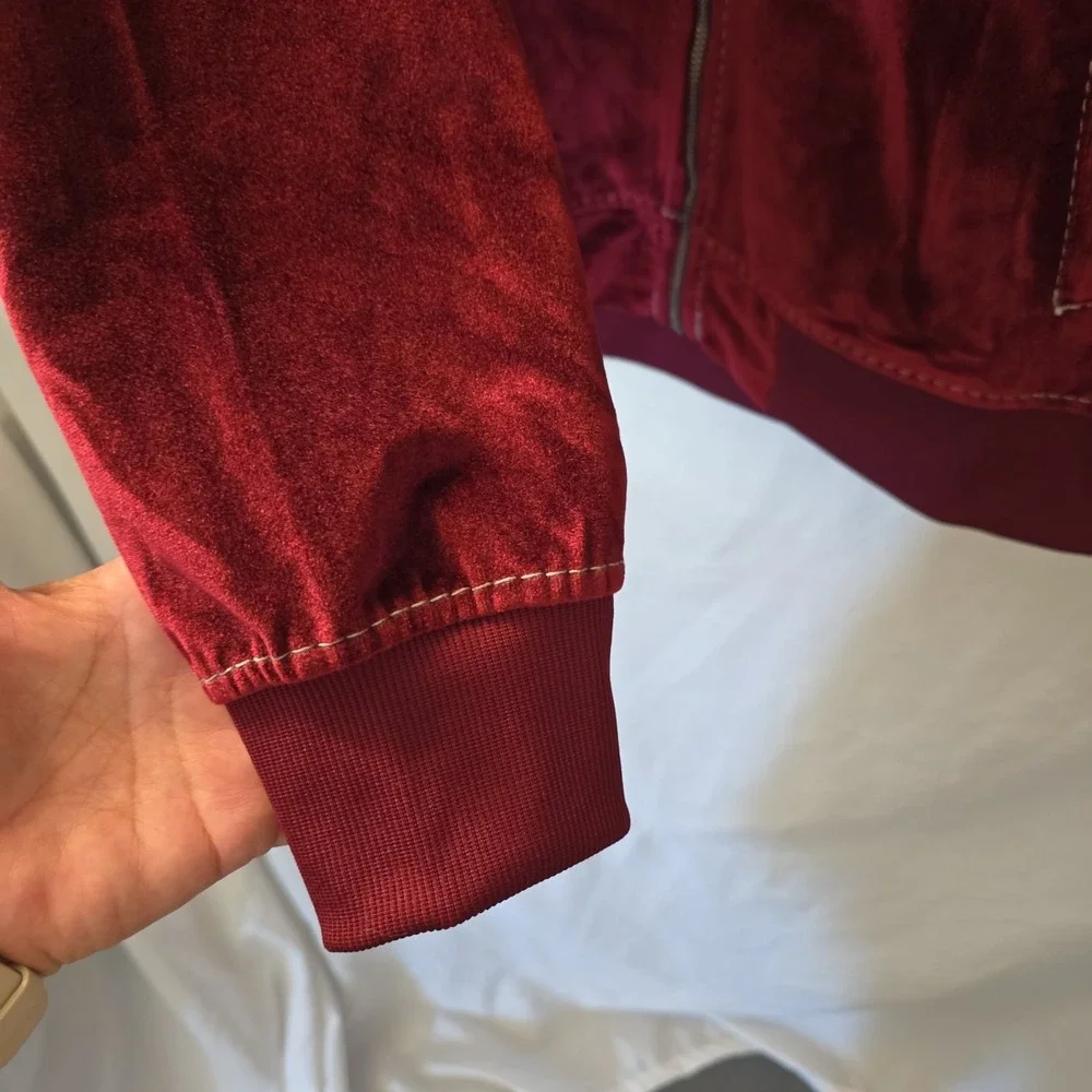 True Religion Jacket Men's S Burgundy Velvet Big T Mock Zip Up Broadway Gunmetal